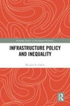 Cover image of Infrastructure Policy and Inequality. Title text set in a white horizontal band sits on an orange backdrop with abstract white swirls